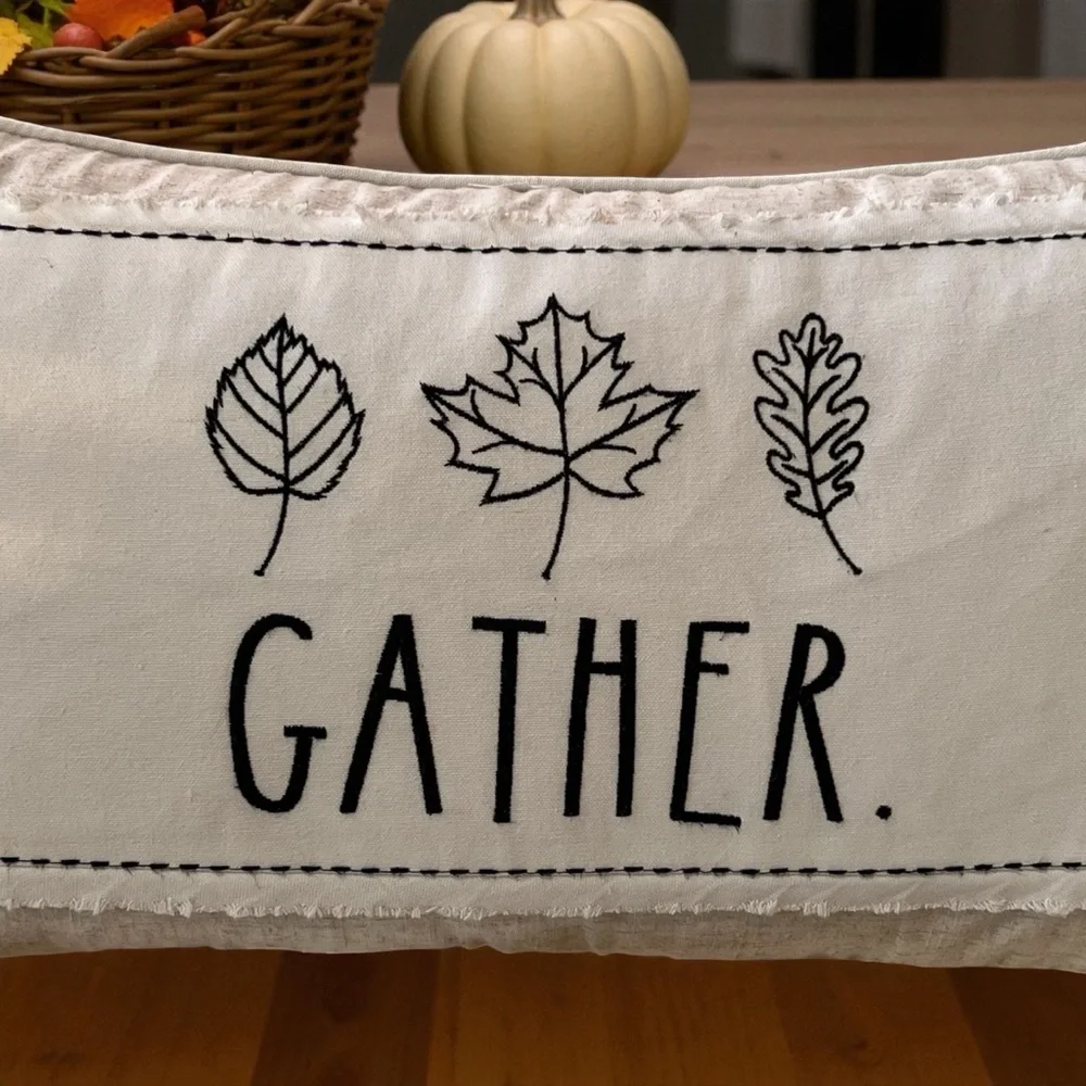 🍁 Rae Dunn Cream Gather Pillow with Leaf Design